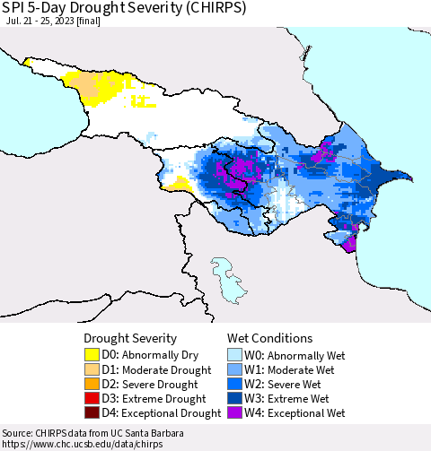 Azerbaijan, Armenia and Georgia SPI 5-Day Drought Severity (CHIRPS) Thematic Map For 7/21/2023 - 7/25/2023