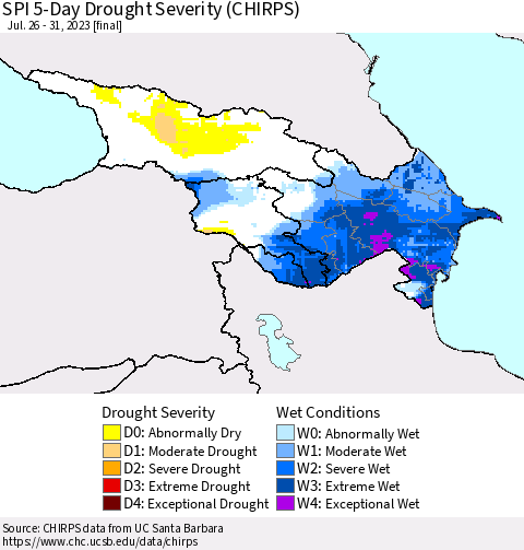 Azerbaijan, Armenia and Georgia SPI 5-Day Drought Severity (CHIRPS) Thematic Map For 7/26/2023 - 7/31/2023