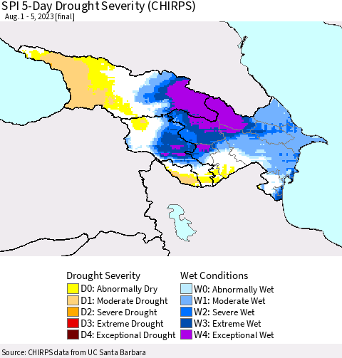 Azerbaijan, Armenia and Georgia SPI 5-Day Drought Severity (CHIRPS) Thematic Map For 8/1/2023 - 8/5/2023