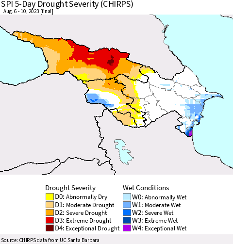 Azerbaijan, Armenia and Georgia SPI 5-Day Drought Severity (CHIRPS) Thematic Map For 8/6/2023 - 8/10/2023