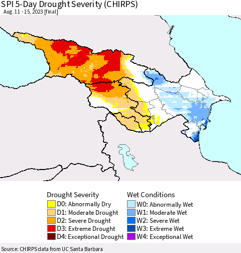 Azerbaijan, Armenia and Georgia SPI 5-Day Drought Severity (CHIRPS) Thematic Map For 8/11/2023 - 8/15/2023