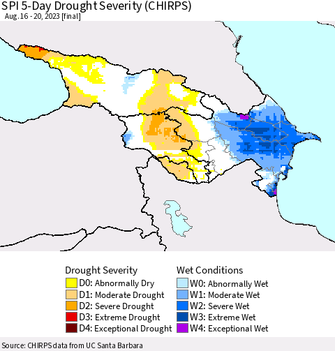 Azerbaijan, Armenia and Georgia SPI 5-Day Drought Severity (CHIRPS) Thematic Map For 8/16/2023 - 8/20/2023