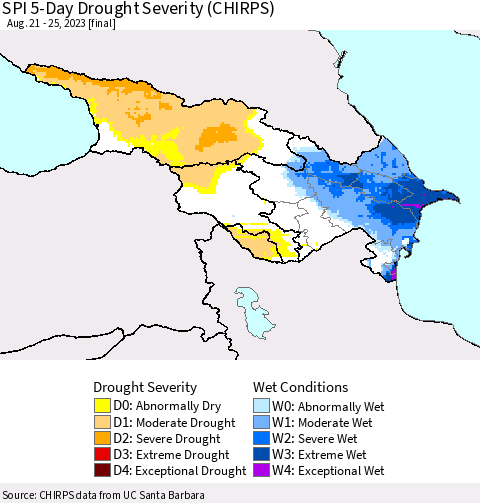 Azerbaijan, Armenia and Georgia SPI 5-Day Drought Severity (CHIRPS) Thematic Map For 8/21/2023 - 8/25/2023