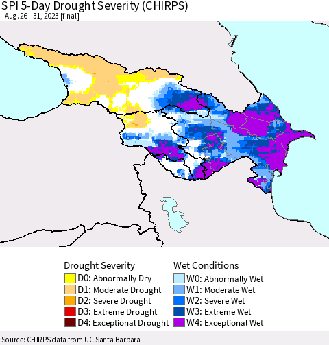 Azerbaijan, Armenia and Georgia SPI 5-Day Drought Severity (CHIRPS) Thematic Map For 8/26/2023 - 8/31/2023