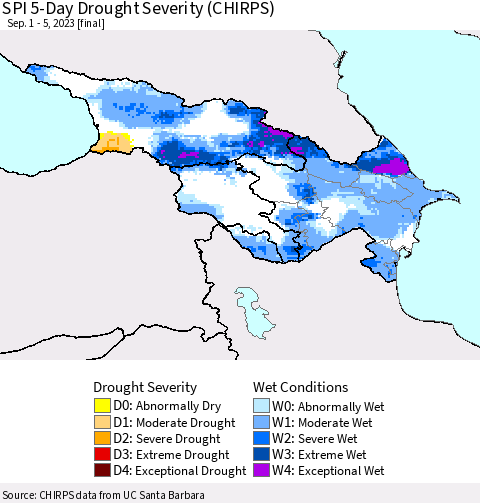 Azerbaijan, Armenia and Georgia SPI 5-Day Drought Severity (CHIRPS) Thematic Map For 9/1/2023 - 9/5/2023
