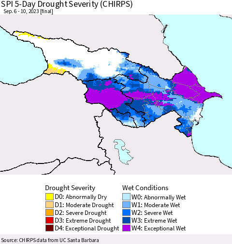 Azerbaijan, Armenia and Georgia SPI 5-Day Drought Severity (CHIRPS) Thematic Map For 9/6/2023 - 9/10/2023