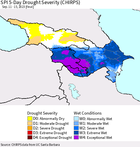 Azerbaijan, Armenia and Georgia SPI 5-Day Drought Severity (CHIRPS) Thematic Map For 9/11/2023 - 9/15/2023