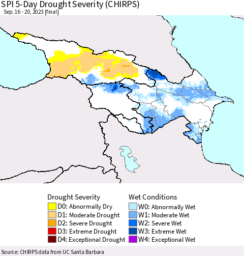 Azerbaijan, Armenia and Georgia SPI 5-Day Drought Severity (CHIRPS) Thematic Map For 9/16/2023 - 9/20/2023