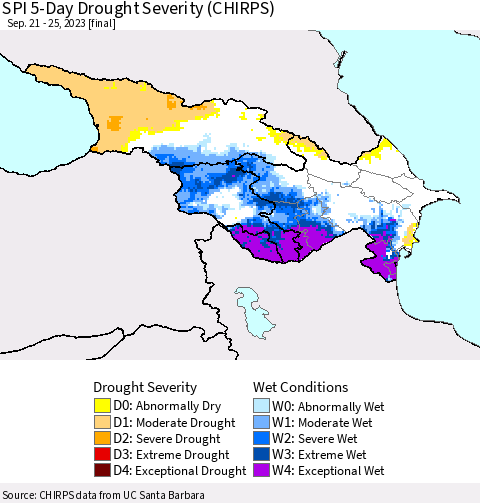 Azerbaijan, Armenia and Georgia SPI 5-Day Drought Severity (CHIRPS) Thematic Map For 9/21/2023 - 9/25/2023