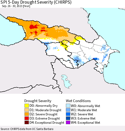 Azerbaijan, Armenia and Georgia SPI 5-Day Drought Severity (CHIRPS) Thematic Map For 9/26/2023 - 9/30/2023