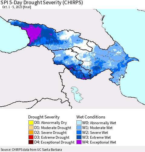 Azerbaijan, Armenia and Georgia SPI 5-Day Drought Severity (CHIRPS) Thematic Map For 10/1/2023 - 10/5/2023