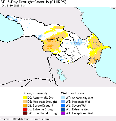 Azerbaijan, Armenia and Georgia SPI 5-Day Drought Severity (CHIRPS) Thematic Map For 10/6/2023 - 10/10/2023