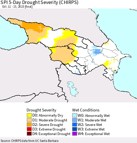 Azerbaijan, Armenia and Georgia SPI 5-Day Drought Severity (CHIRPS) Thematic Map For 10/11/2023 - 10/15/2023