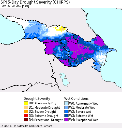 Azerbaijan, Armenia and Georgia SPI 5-Day Drought Severity (CHIRPS) Thematic Map For 10/16/2023 - 10/20/2023