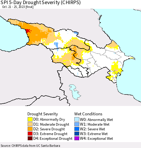 Azerbaijan, Armenia and Georgia SPI 5-Day Drought Severity (CHIRPS) Thematic Map For 10/21/2023 - 10/25/2023