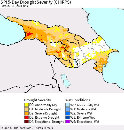 Azerbaijan, Armenia and Georgia SPI 5-Day Drought Severity (CHIRPS) Thematic Map For 10/26/2023 - 10/31/2023
