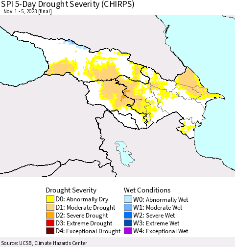 Azerbaijan, Armenia and Georgia SPI 5-Day Drought Severity (CHIRPS) Thematic Map For 11/1/2023 - 11/5/2023