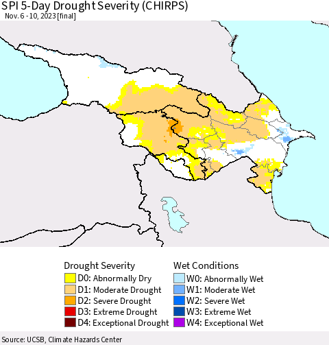 Azerbaijan, Armenia and Georgia SPI 5-Day Drought Severity (CHIRPS) Thematic Map For 11/6/2023 - 11/10/2023