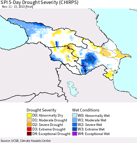Azerbaijan, Armenia and Georgia SPI 5-Day Drought Severity (CHIRPS) Thematic Map For 11/11/2023 - 11/15/2023