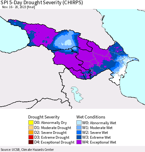 Azerbaijan, Armenia and Georgia SPI 5-Day Drought Severity (CHIRPS) Thematic Map For 11/16/2023 - 11/20/2023