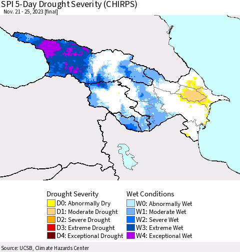 Azerbaijan, Armenia and Georgia SPI 5-Day Drought Severity (CHIRPS) Thematic Map For 11/21/2023 - 11/25/2023