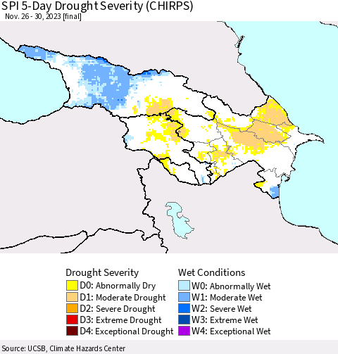 Azerbaijan, Armenia and Georgia SPI 5-Day Drought Severity (CHIRPS) Thematic Map For 11/26/2023 - 11/30/2023