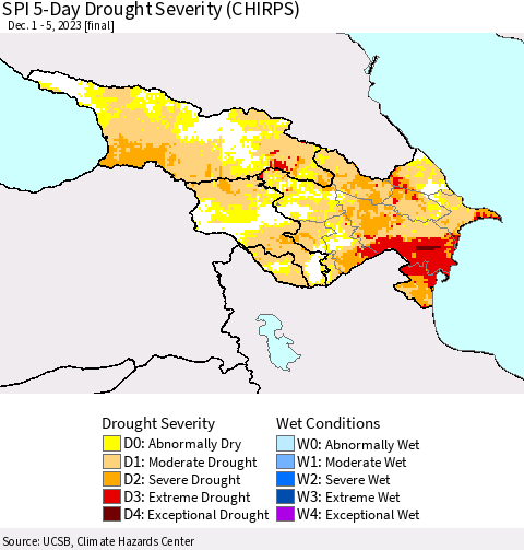 Azerbaijan, Armenia and Georgia SPI 5-Day Drought Severity (CHIRPS) Thematic Map For 12/1/2023 - 12/5/2023