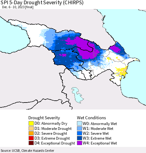 Azerbaijan, Armenia and Georgia SPI 5-Day Drought Severity (CHIRPS) Thematic Map For 12/6/2023 - 12/10/2023