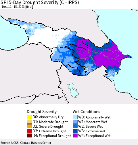 Azerbaijan, Armenia and Georgia SPI 5-Day Drought Severity (CHIRPS) Thematic Map For 12/11/2023 - 12/15/2023