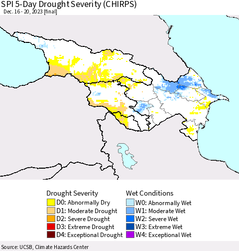 Azerbaijan, Armenia and Georgia SPI 5-Day Drought Severity (CHIRPS) Thematic Map For 12/16/2023 - 12/20/2023
