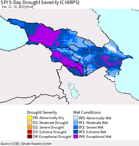 Azerbaijan, Armenia and Georgia SPI 5-Day Drought Severity (CHIRPS) Thematic Map For 12/21/2023 - 12/25/2023