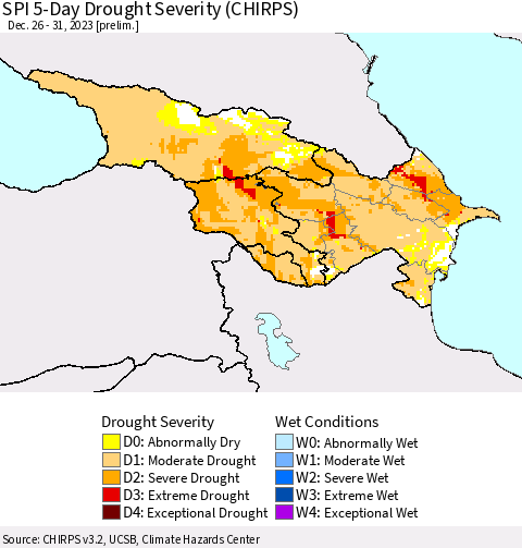 Azerbaijan, Armenia and Georgia SPI 5-Day Drought Severity (CHIRPS) Thematic Map For 12/26/2023 - 12/31/2023