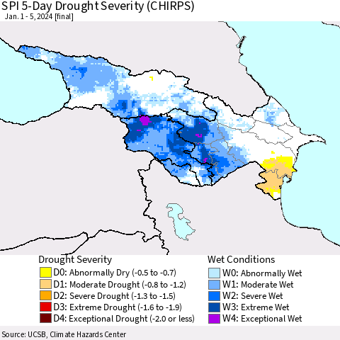 Azerbaijan, Armenia and Georgia SPI 5-Day Drought Severity (CHIRPS) Thematic Map For 1/1/2024 - 1/5/2024