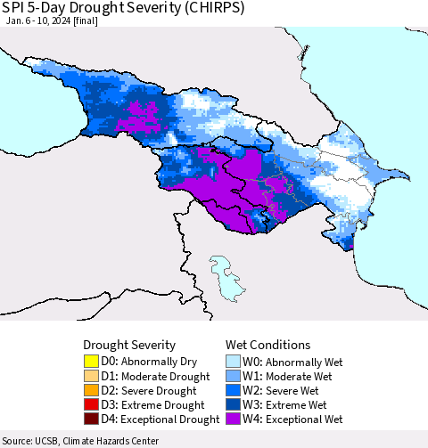 Azerbaijan, Armenia and Georgia SPI 5-Day Drought Severity (CHIRPS) Thematic Map For 1/6/2024 - 1/10/2024