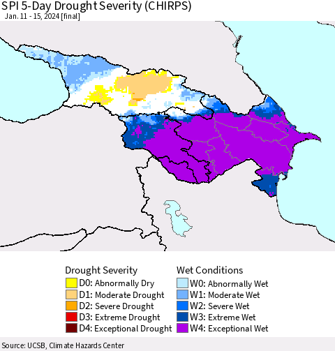 Azerbaijan, Armenia and Georgia SPI 5-Day Drought Severity (CHIRPS) Thematic Map For 1/11/2024 - 1/15/2024