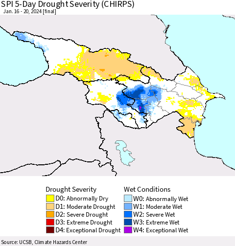 Azerbaijan, Armenia and Georgia SPI 5-Day Drought Severity (CHIRPS) Thematic Map For 1/16/2024 - 1/20/2024