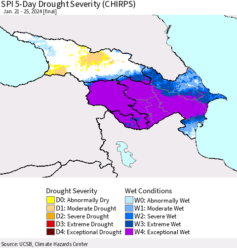 Azerbaijan, Armenia and Georgia SPI 5-Day Drought Severity (CHIRPS) Thematic Map For 1/21/2024 - 1/25/2024