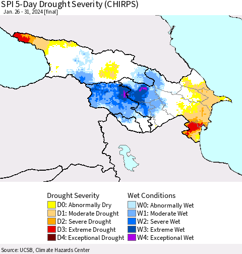 Azerbaijan, Armenia and Georgia SPI 5-Day Drought Severity (CHIRPS) Thematic Map For 1/26/2024 - 1/31/2024