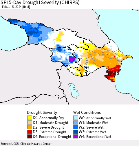 Azerbaijan, Armenia and Georgia SPI 5-Day Drought Severity (CHIRPS) Thematic Map For 2/1/2024 - 2/5/2024