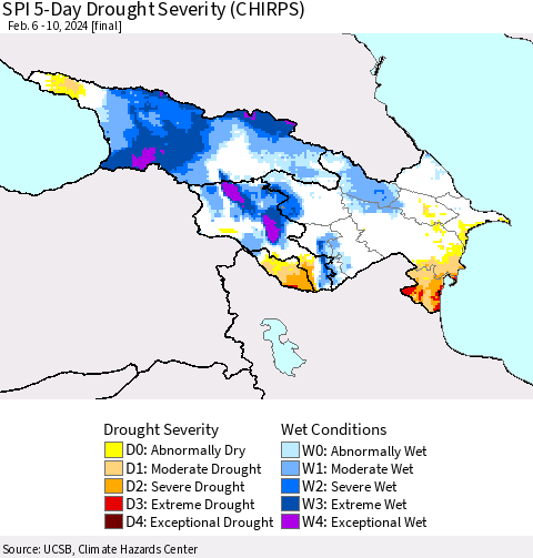 Azerbaijan, Armenia and Georgia SPI 5-Day Drought Severity (CHIRPS) Thematic Map For 2/6/2024 - 2/10/2024