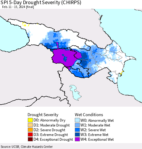 Azerbaijan, Armenia and Georgia SPI 5-Day Drought Severity (CHIRPS) Thematic Map For 2/11/2024 - 2/15/2024