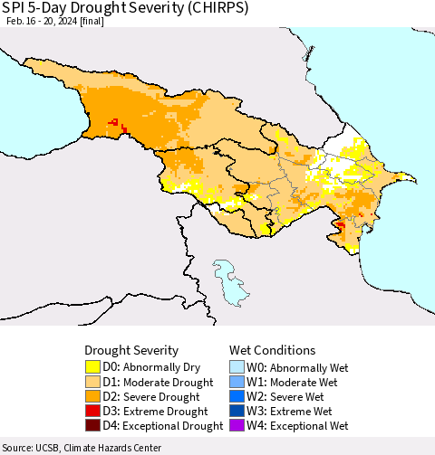 Azerbaijan, Armenia and Georgia SPI 5-Day Drought Severity (CHIRPS) Thematic Map For 2/16/2024 - 2/20/2024