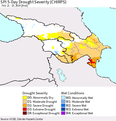 Azerbaijan, Armenia and Georgia SPI 5-Day Drought Severity (CHIRPS) Thematic Map For 2/21/2024 - 2/25/2024