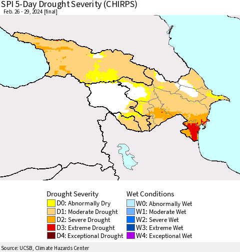 Azerbaijan, Armenia and Georgia SPI 5-Day Drought Severity (CHIRPS) Thematic Map For 2/26/2024 - 2/29/2024