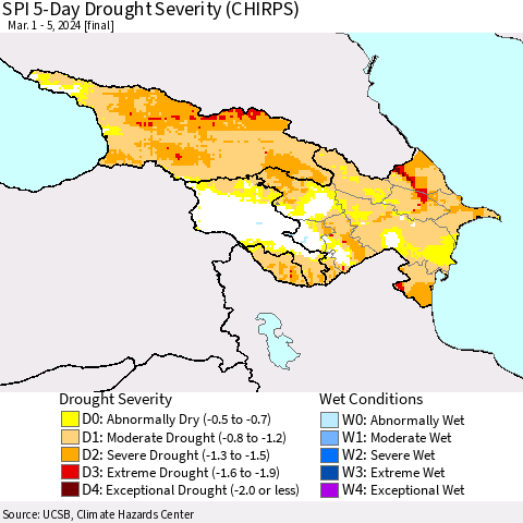 Azerbaijan, Armenia and Georgia SPI 5-Day Drought Severity (CHIRPS) Thematic Map For 3/1/2024 - 3/5/2024