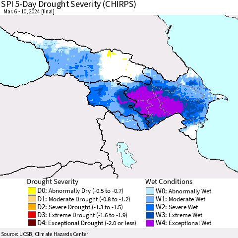 Azerbaijan, Armenia and Georgia SPI 5-Day Drought Severity (CHIRPS) Thematic Map For 3/6/2024 - 3/10/2024