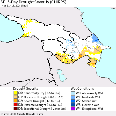 Azerbaijan, Armenia and Georgia SPI 5-Day Drought Severity (CHIRPS) Thematic Map For 3/11/2024 - 3/15/2024