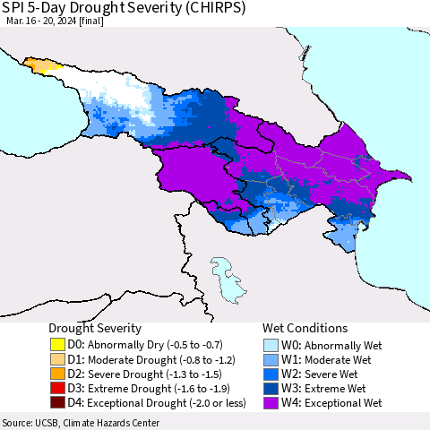 Azerbaijan, Armenia and Georgia SPI 5-Day Drought Severity (CHIRPS) Thematic Map For 3/16/2024 - 3/20/2024