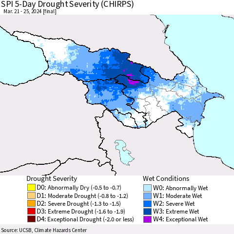 Azerbaijan, Armenia and Georgia SPI 5-Day Drought Severity (CHIRPS) Thematic Map For 3/21/2024 - 3/25/2024