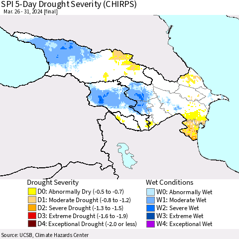 Azerbaijan, Armenia and Georgia SPI 5-Day Drought Severity (CHIRPS) Thematic Map For 3/26/2024 - 3/31/2024